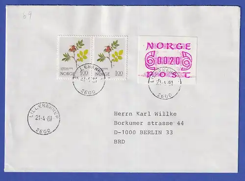 Norwegen / Norge Frama-ATM Mi-Nr. 2.1a Wert 20 in MIF auf Brief LILLEHAMMER 1981