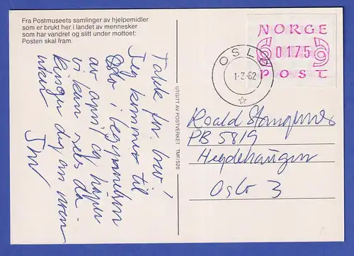 Norwegen / Norge Frama-ATM Mi-Nr. 2.1a Wert 175 auf Postkarte, O OSLO 1.3.82