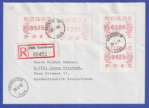 Norwegen / Norge Frama-ATM Mi-Nr. 2.1b vier Werte auf R-Brief TRONDHEIM 28.2.83