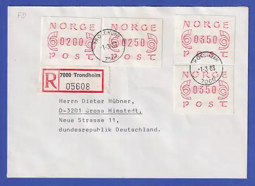 Norwegen / Norge Frama-ATM Mi-Nr. 2.1b vier Werte auf R-Brief TRONDHEIM 1.3.83