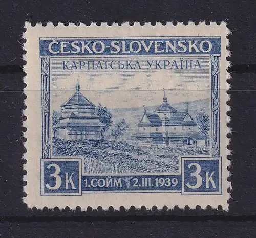 Karpaten-Ukraine 1939 Holzkirche Jasina 3K violettblau Mi-Nr. 1 **   MNH