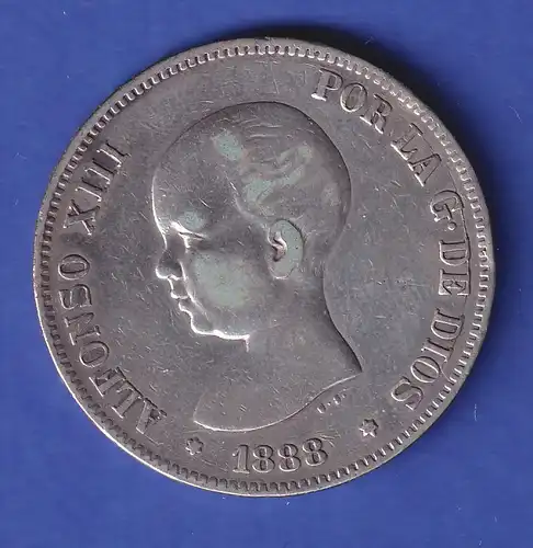Spanien Silbermünze 5 Pesetas 1888 König Alfons XIII. 25gAg900