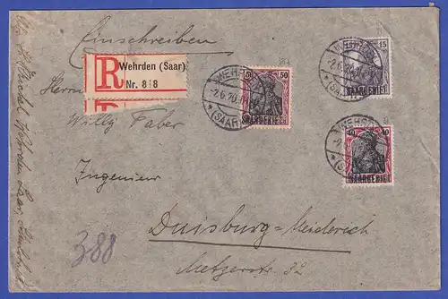 Saargebiet R-Brief von Wehrden (Saar) nach Duisburg-Meiderich  O 2.6.20