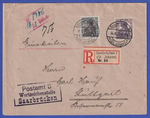 Saargebiet R-Brief von Saarbrücken nach Stuttgart  O 14.8.20