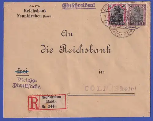 Saargebiet R-Brief von Neunkirchen nach Köln  O 21.5.20