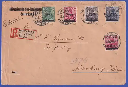 Saargebiet R-Brief von Saarbrücken nach Marburg/Lahn  O 23.2.20