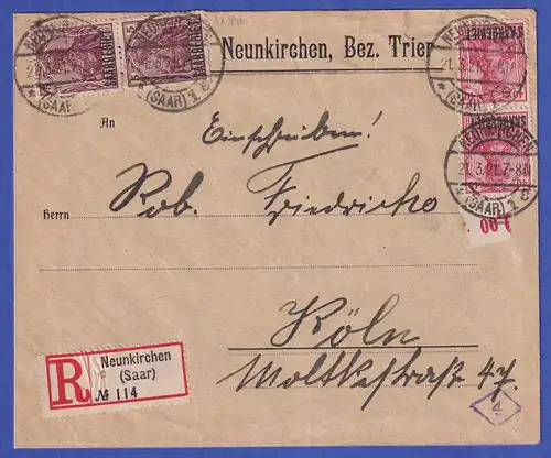 Saargebiet R-Brief von Neunkirchen nach Köln  O 21.3.21