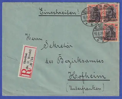 Saargebiet R-Brief von St. Wendel nach Hofheim/Ufr. O 18.8.20