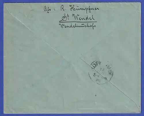 Saargebiet R-Brief von St. Wendel nach Hofheim/Ufr. O 18.8.20