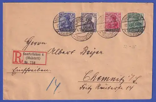 Saargebiet R-Brief von Saarbrücken nach Chemnitz  O 27.4.20