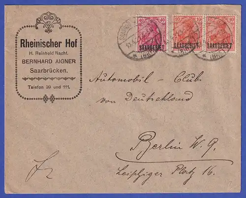 Saargebiet Brief von Saarbrücken nach Berlin  O 10.4.21