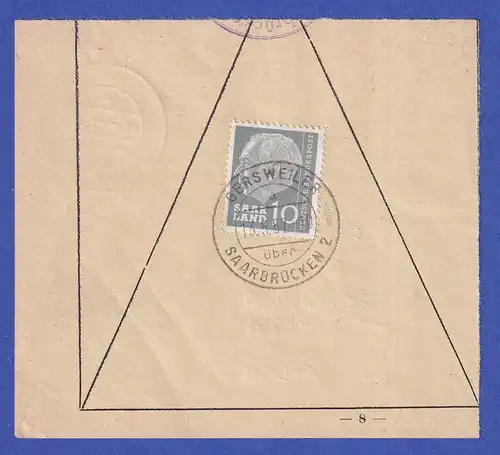 Saarland Heuss 10 Mi.-Nr. 386 EF auf Postanweisungs-Kontrollabschnitt 13.5.57