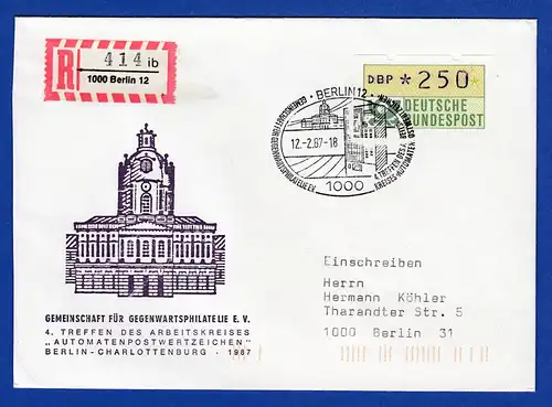 ATM 1.1 Wert 250 auf Orts-R-Brief mit Sonder-O BERLIN 12.2.87. Berlin-Vorläufer