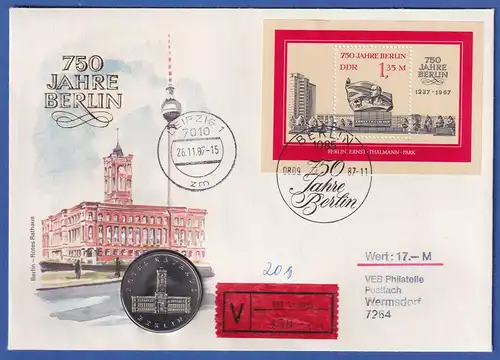 DDR 750 Jahre Berlin Numisbrief mit 5 Mark-Münze Rotes Rathaus als Wertbrief gel