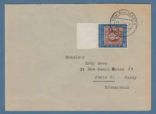 Bund 1949 Mi.-Nr.115 portoger. EF auf Brief nach Frankreich, O STUTTGART 24.7.50