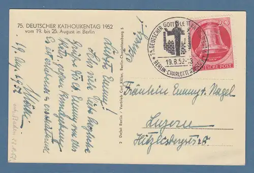 Berlin 1952 Glocke links 20Pfg Mi-Nr. 77 EF auf Postkarte in die Schweiz.