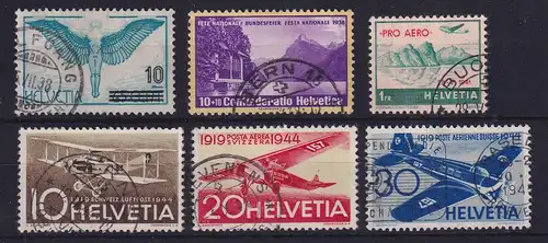 Schweiz 1938-44 Lot von 6 Flugpostmarken gestempelt