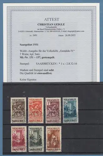 Saargebiet Volkshilfe 1931 Mi-Nr. 151-157 kpl. Satz O gpr. mit Attest Geigle BPP