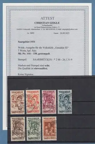 Saargebiet Volkshilfe 1931 Mi-Nr. 144-150 kpl. Satz O gpr. mit Attest Geigle BPP