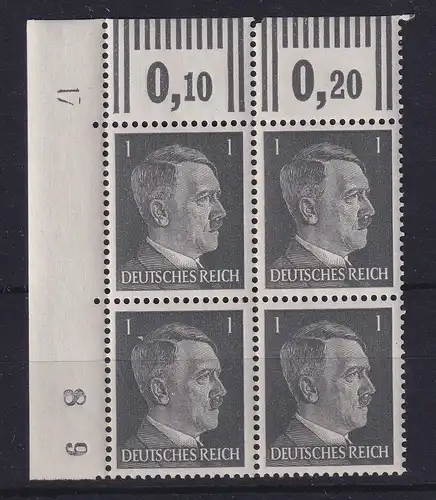 Dt. Reich 1941 Hitler Mi.-Nr. 781 Eckrandviererblock OL mit Druckerzeichen 17 **
