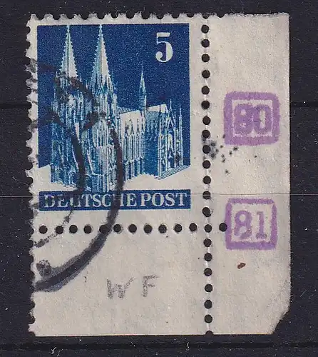 Bizone 1948 Kölner Dom 5 Pf Mi.-Nr. 75 V WF Eckrandstück mit Bogenkontroll-Nr. O