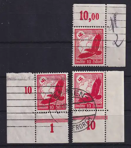 Dt. Reich 1934 Flugpostmarke 10 Pf Mi.-Nr. 530 x - 3 Eckrandstücke OR, UL, UR  O