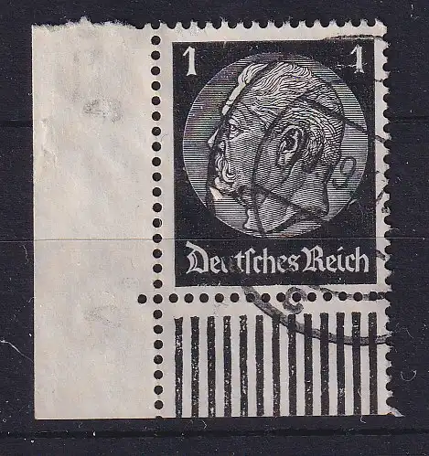 Deutsches Reich 1933 Hindenburg 1 Pf Mi.-Nr. 512 Eckrandstück UL gestempelt