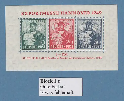 Bizone Hannover-Messe Block in seltener c-Farbe Mi.-Nr. Block 1 c **  ANSEHEN !