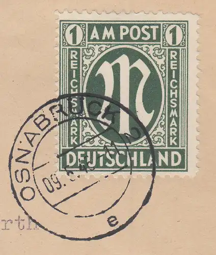 Bizone AM-Post 1 Reichsmark Mi.-Nr. 35 auf R-Brief, O OSNABRÜCK 9.5.46 gpr. BPP
