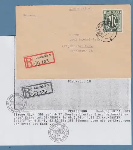 Bizone AM-Post 1 Reichsmark Mi.-Nr. 35 auf R-Brief, O OSNABRÜCK 9.5.46 gpr. BPP