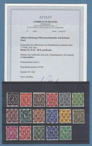 Bizone 1948 Ziffern mit Netzaufdruck Mi.-Nr. 52-68 II ** mit Attest SCHLEGEL BPP