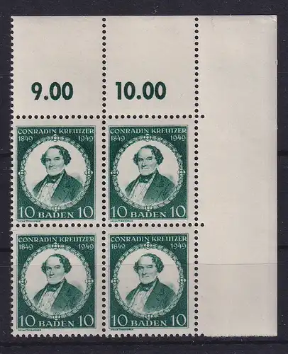 Baden 1949 Conradin Kreutzer Mi.-Nr. 53 Eckrandviererblock OR postfrisch **