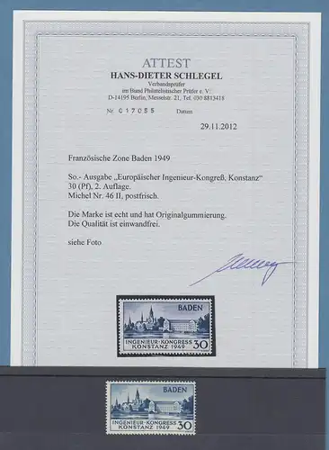 Französische Zone Baden Ingenieurkongess Konstanz, seltene Type II  **, Attest 