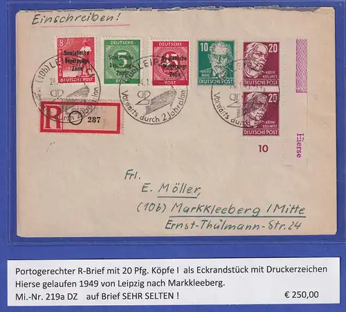 SBZ Köpfe I 20 Pf Mi.-Nr. 219a DZ Eckrandstück mit Druckerzeichen auf Brief 