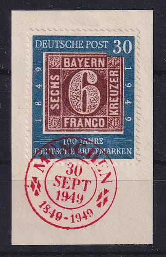 Bund 100 Jahre Briefmarken 1949 Mi.-Nr. 115 mit rotem Ersttags-O auf Briefstück