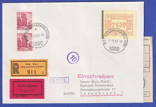 Österreich FRAMA-ATM Nr. 1 Wert 26.00 in MIF auf R-Expr.-Brief, O WIEN 1.6.83
