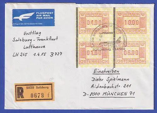 Österreich FRAMA-ATM Nr. 1 4 Werte auf R-Erstflugbrief Salzburg-Frankfurt 1.4.85