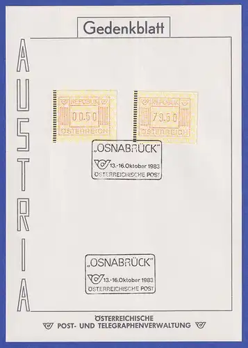 Österreich FRAMA-ATM Nr. Werte 00,50 und  79,50 auf Gedenkblatt So.-O OSNABRÜCK