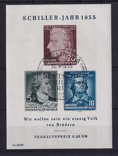 DDR 1955 Schiller-Jahr Mi.-Nr Block 12 IV (J mit langem Strich) gestempelt