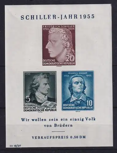 DDR 1955 Schiller-Jahr Mi.-Nr Block 12 XII postfrisch **