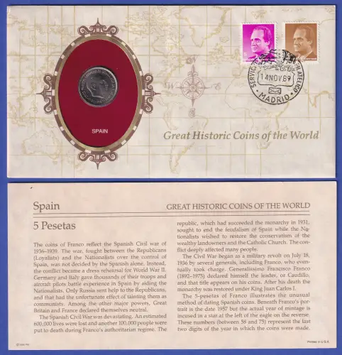 Münzbrief Franklin Mint Spanien Münze 5 Pesetas Franco 1957