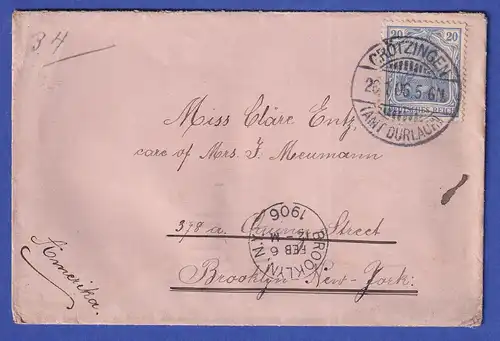 Dt. Reich 20 Pf Germania auf Brief von Grötzingen nach New York 1906