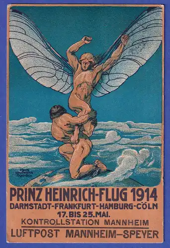 Dt. Reich Prinz-Heinrich-Flug Luftpostkarte mit Sonder-O Mannheim-Speyer 1914
