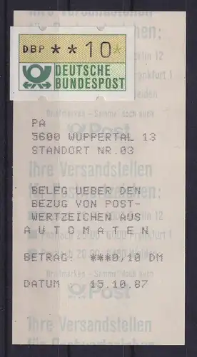 Deutschland ATM Mi.-Nr. 1.1 10Pfg mit AQ rückseitig bedruckt, WUPPERTAL 13 1987