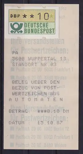 Deutschland ATM Mi.-Nr. 1.1 10Pfg mit AQ rückseitig bedruckt WUPPERTAL 13, 1987