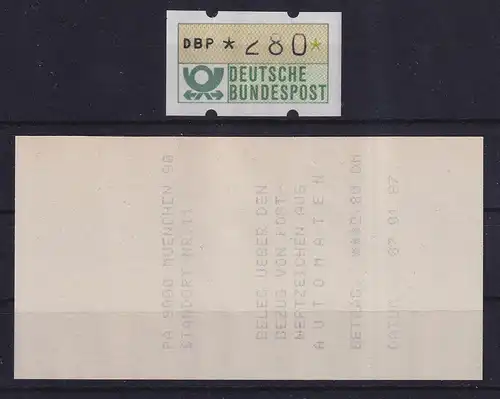 Deutschland ATM Mi.-Nr. 1.1 Wert 280Pfg (2 ohne Kopf) ** mit AQ München 90 1987