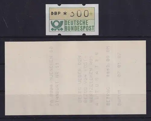 Deutschland ATM Mi.-Nr. 1.1 Wert 300Pfg (3 ohne Kopf) ** mit AQ München 90 1987