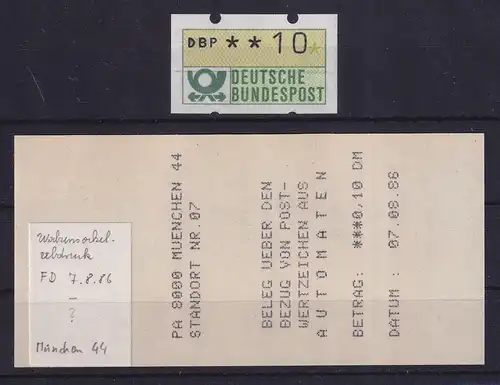 Deutschland ATM Mi.-Nr. 1.1  10Pfg Walzensockelabdruck ** mit AQ München 44 1986