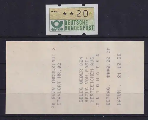 Deutschland ATM Mi.-Nr. 1.1 20Pfg DBP stark dejustiert ** mit AQ Ingolstadt 1986