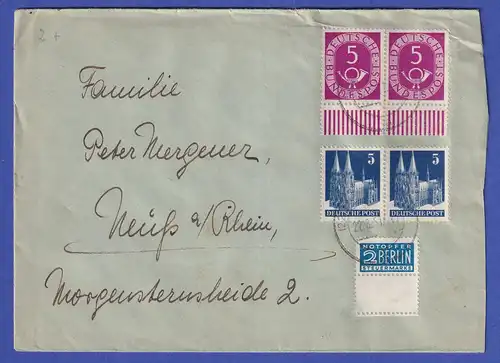 1951 5Pfg Bauten und 5Pfg Posthorn 2 Paare auf Brief gel. nach Neuss